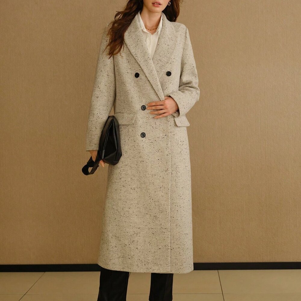Grey Elegant Women's Peak Collar Flap Detail Longline Pea Overcoat - Picture 4 of 7